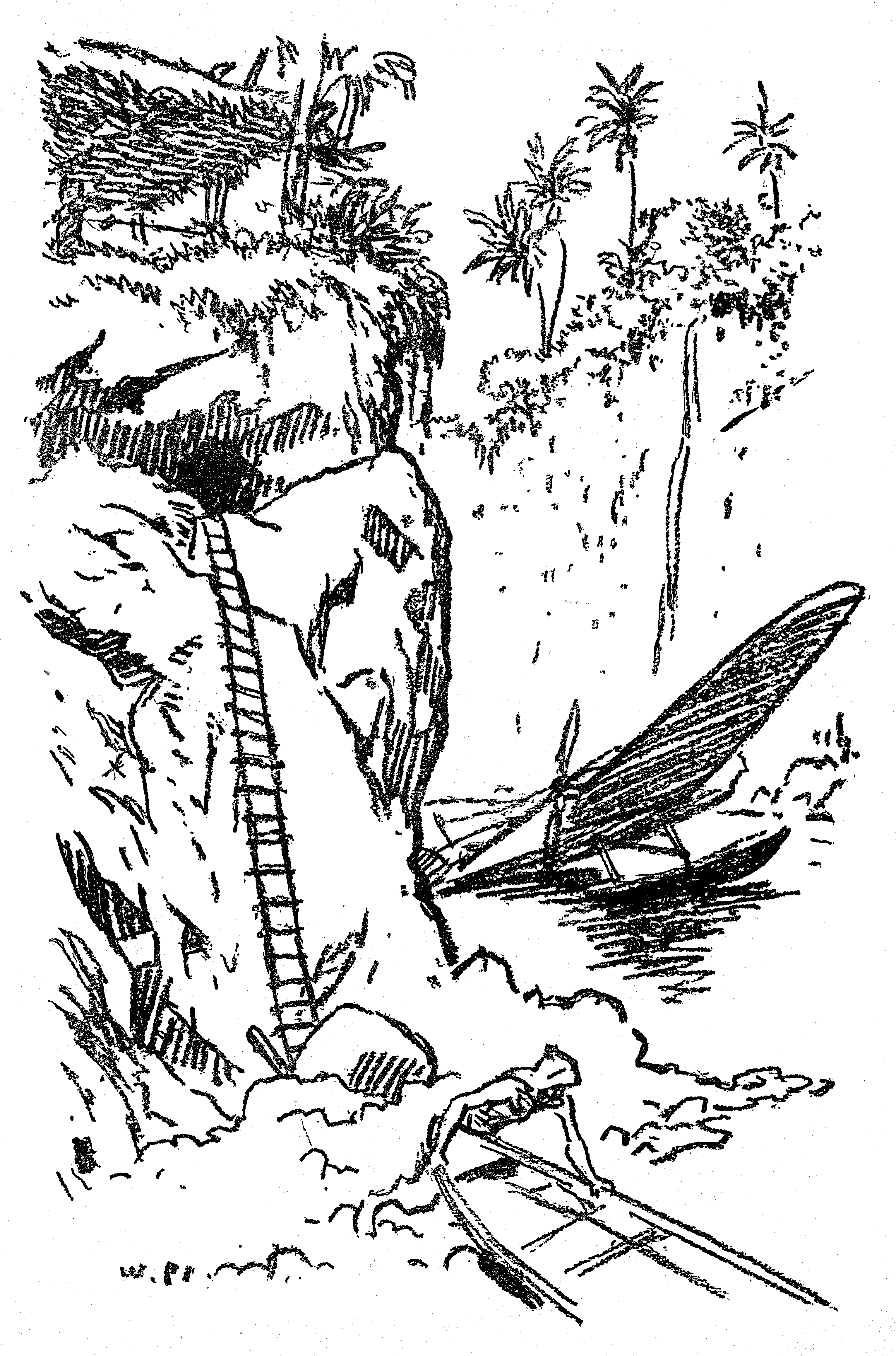 Hartmut in der Wohnbucht vor dem Flugzeugwrack